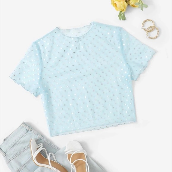 SHEIN Tops - Baby Blue Mesh Crop Top with Silver Metallic Polkadots and Lettuce Trim Hem NWOT